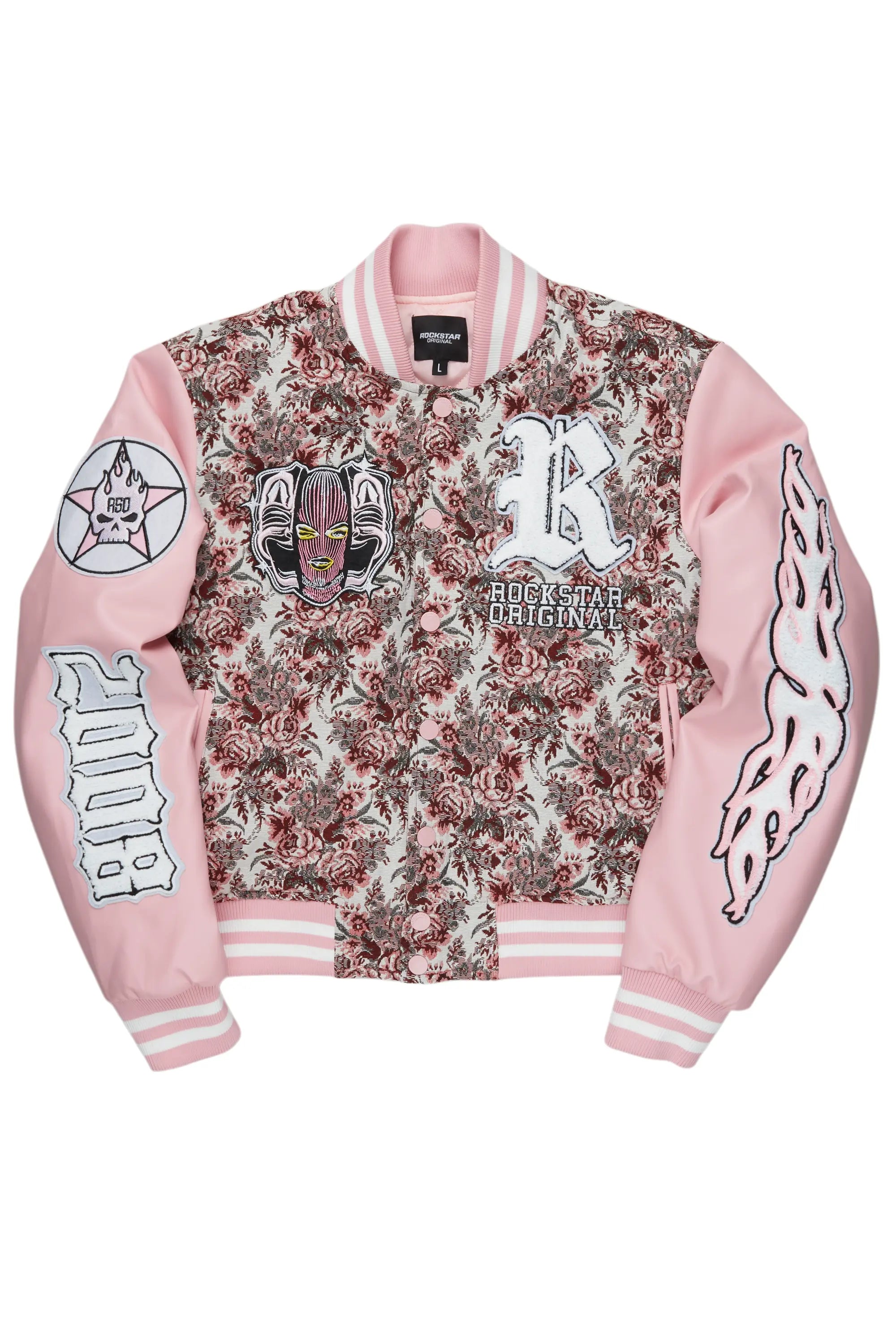 Women's dating topsLakiela Pink Oversized Tapestry Varsity Jacket