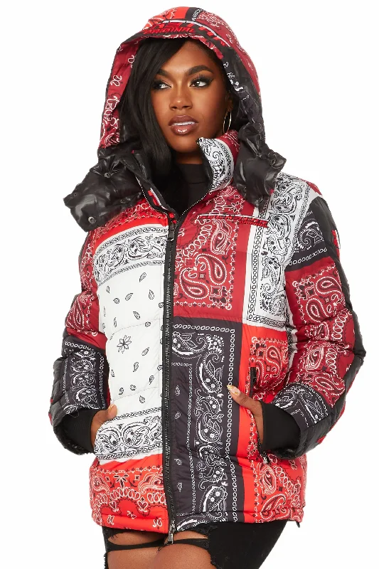 Large women's waist-baring topsWho's Team Red Oversized Puffer Jacket