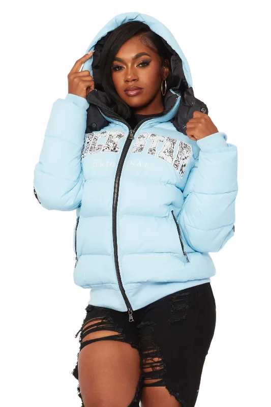 Plus size women's patchwork topsLatoya Baby Blue Oversized Puffer Jacket