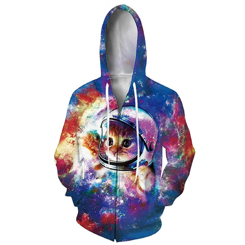 Space Astronaut Cat Zip Up Funny HoodieLounge Hoodies