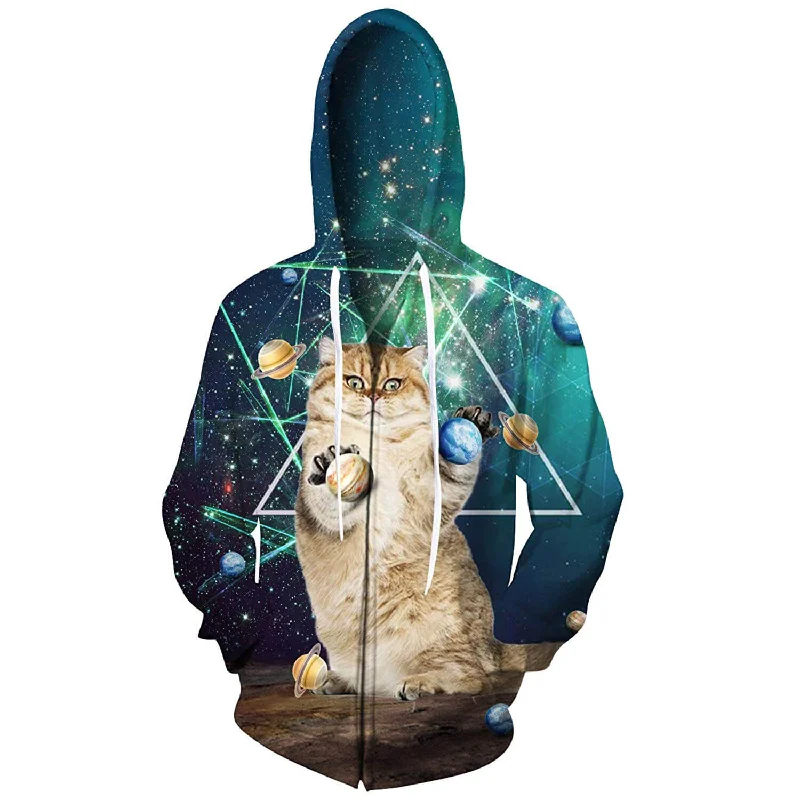 Planet Cat Green Zip Up Funny HoodieFishing Sweatshirts