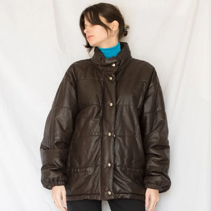 Large women's quick-drying topsWomens Brown Leather Oversized Puffer Jacket