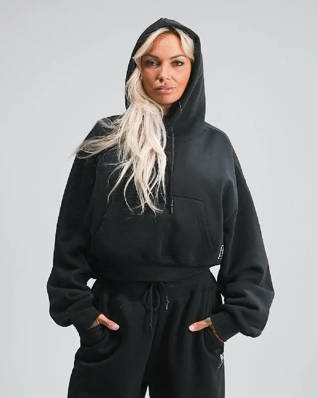 WOMENS OVERSIZED CROP HOODIE - BLACKTasseled Sweatshirts