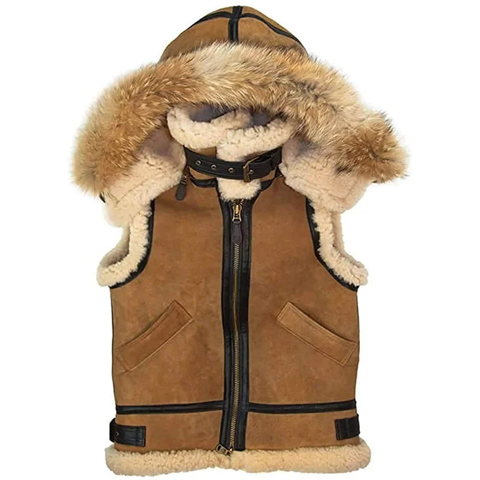 Women's Tan Hooded B-3 Suede Leather Shearling Vest