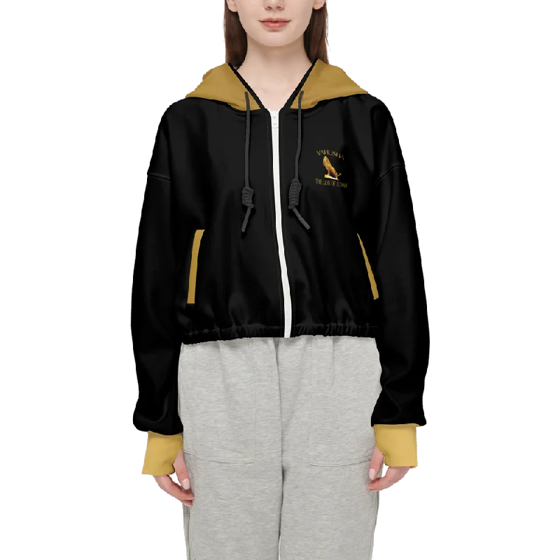 Yahusha-The Lion of Judah 01 Designer Cropped Drop Shoulder Full Zip HoodieRibbed Cuff Hoodies