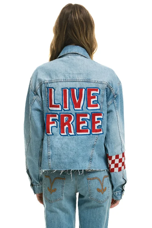 Large women's pullover topsLIVE FREE OVERSIZED CROP DENIM JACKET - SUPER LIGHT