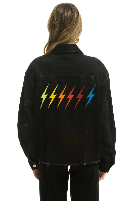 Large women's warm topsRAINBOW BOLT OVERSIZED CROP DENIM JACKET - VINTAGE BLACK