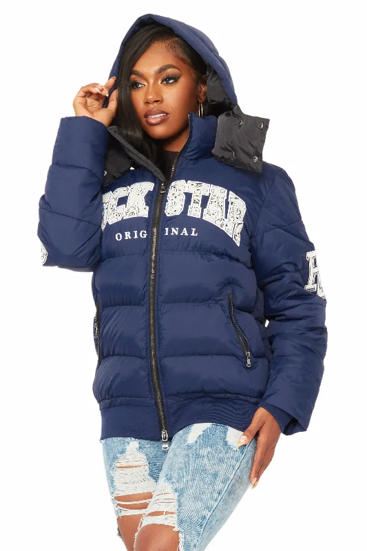 Large women's breathable topsLatoya Navy Oversized Puffer Jacket