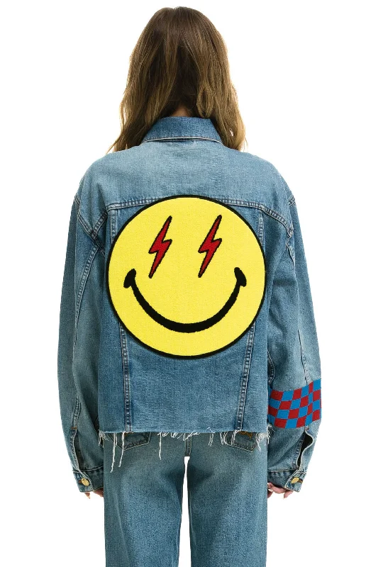 Plus size women's V-neck topsSTOKED BOLT SMILEY OVERSIZED CUTOFF DENIM JACKET - VINTAGE