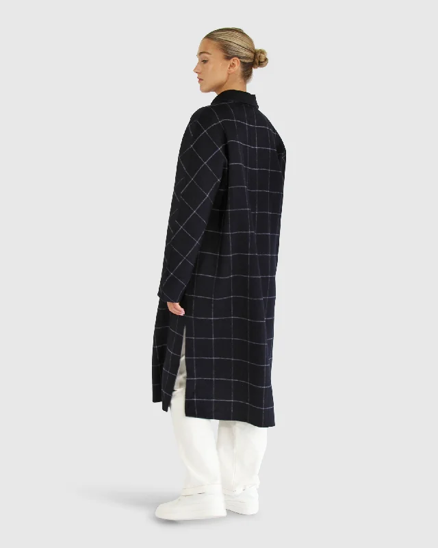 Knitted Guestlist Oversized Double Breasted Coat - Navy Plaid