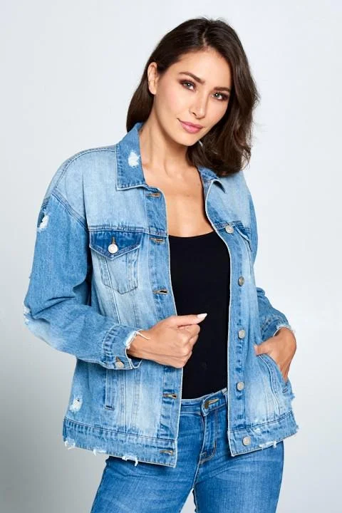 Plus size women's V-neck topsKylie, Oversized distressed denim jacket