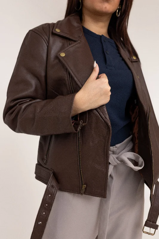 Plus size women's evening topsOversized Leather Biker Jacket in Brown