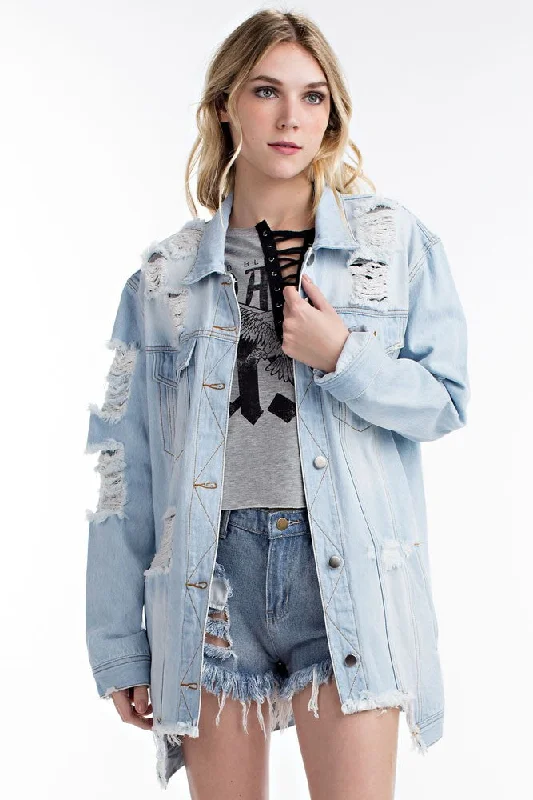 Plus size women's sports topsTHE MYSTYLEMODE LIGHT WASH DISTRESSED DENIM OVERSIZED JEAN JACKET