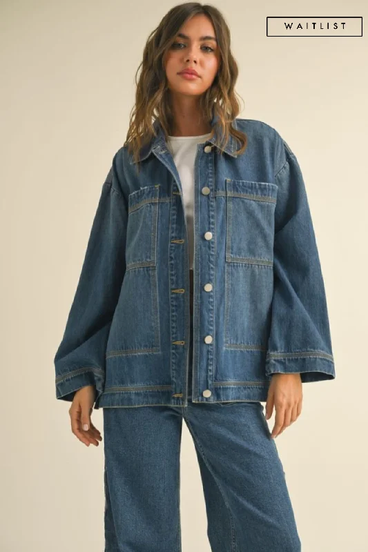 Large women's slim topsWaitlist 2/5 ♥ Kimber Long Sleeve Side Tie Oversized Denim Jacket Dark Wash