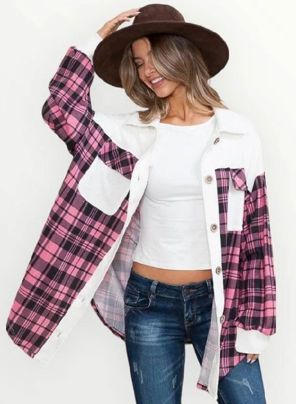 Women's spring topsPink plaid oversized shacket with pockets